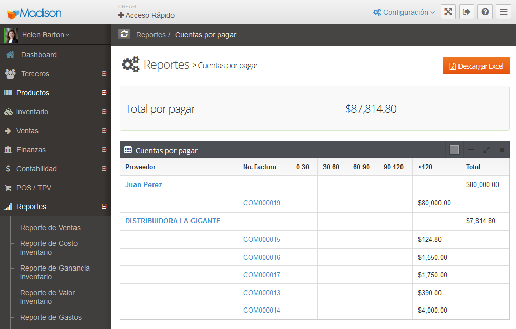 Reporte de cuentas por cobrar en Madison